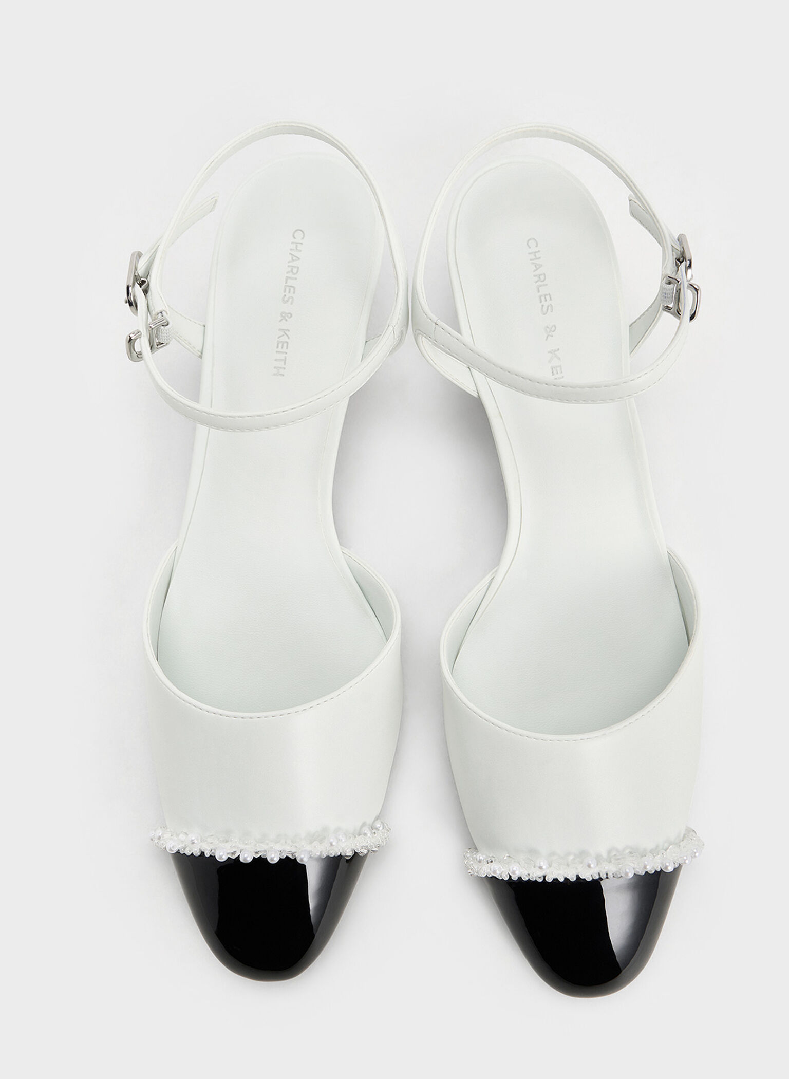 Pearl-Embellished Cap-Toe Kitten Heels, White, hi-res