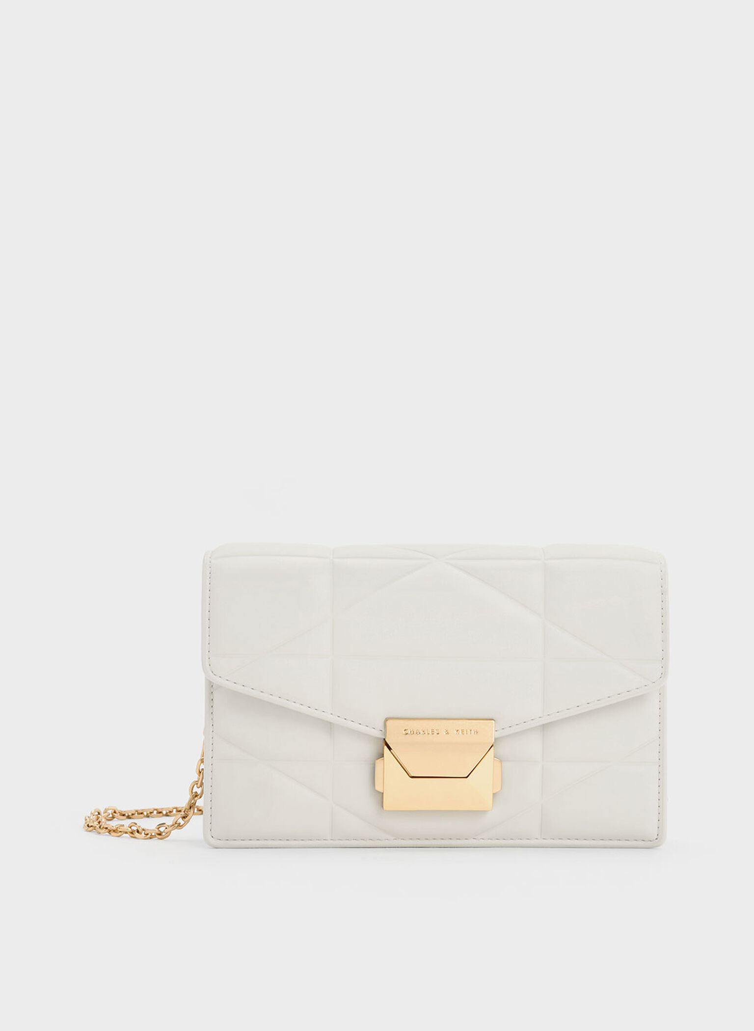 Blanche Chevron Chain-Strap Clutch, White, hi-res
