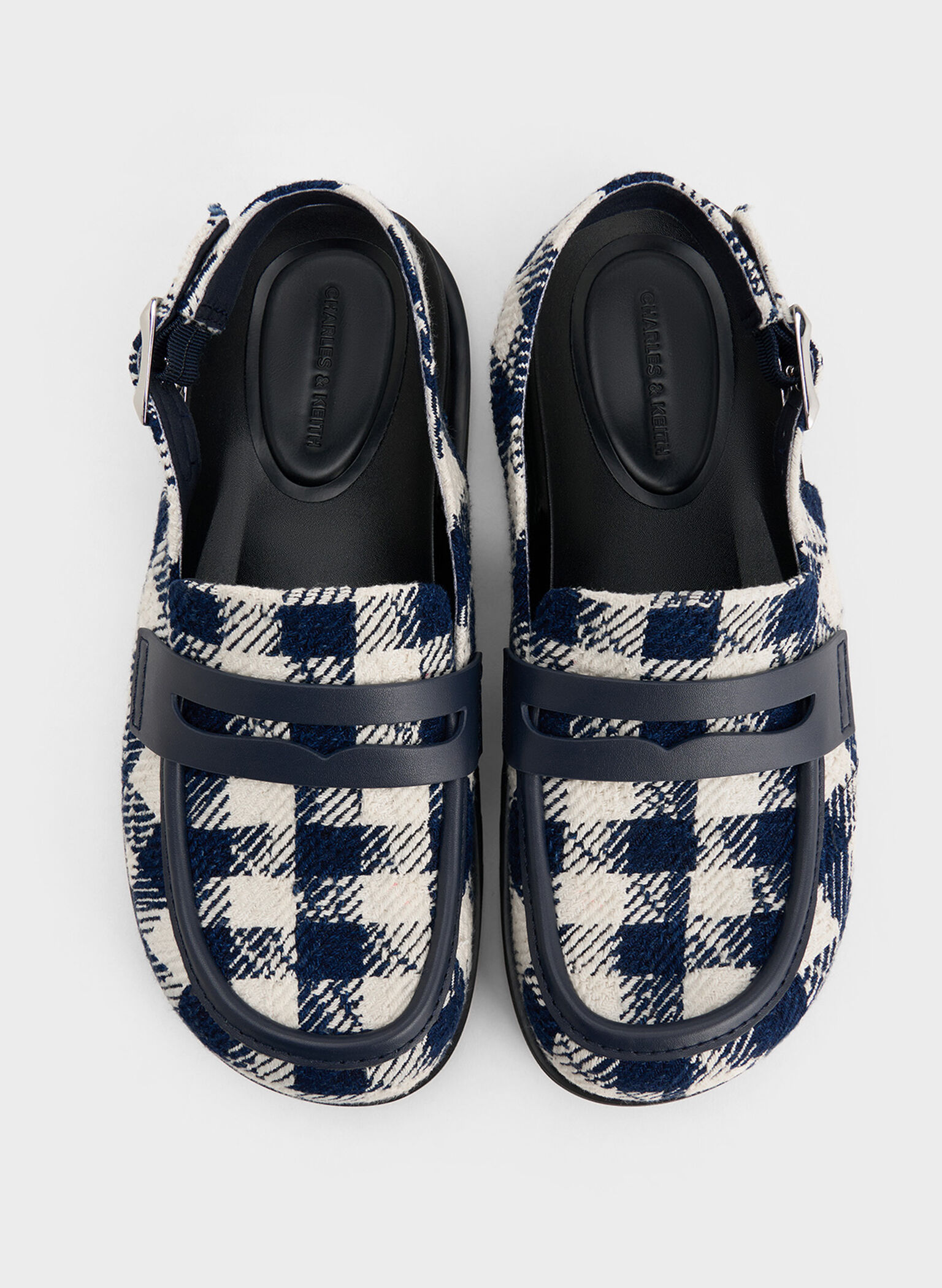 Checkered Slingback Penny Loafers, Dark Blue, hi-res