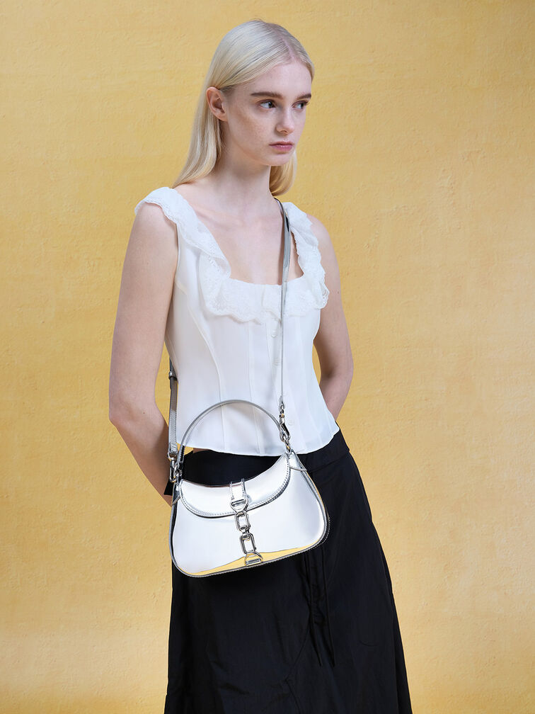 Agatha Metallic Chain-Accent Hobo Bag, Silver, hi-res