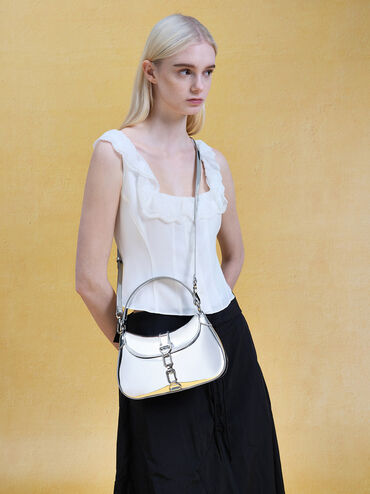 Agatha Metallic Chain-Accent Hobo Bag, Silver, hi-res