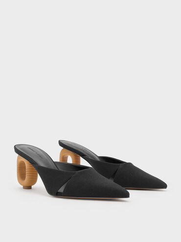 Linen Cut-Out Sculptural-Heel Mules, Black Textured, hi-res