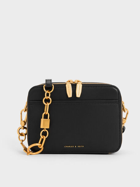 Lock & Key Chain Handle Bag, Black, hi-res