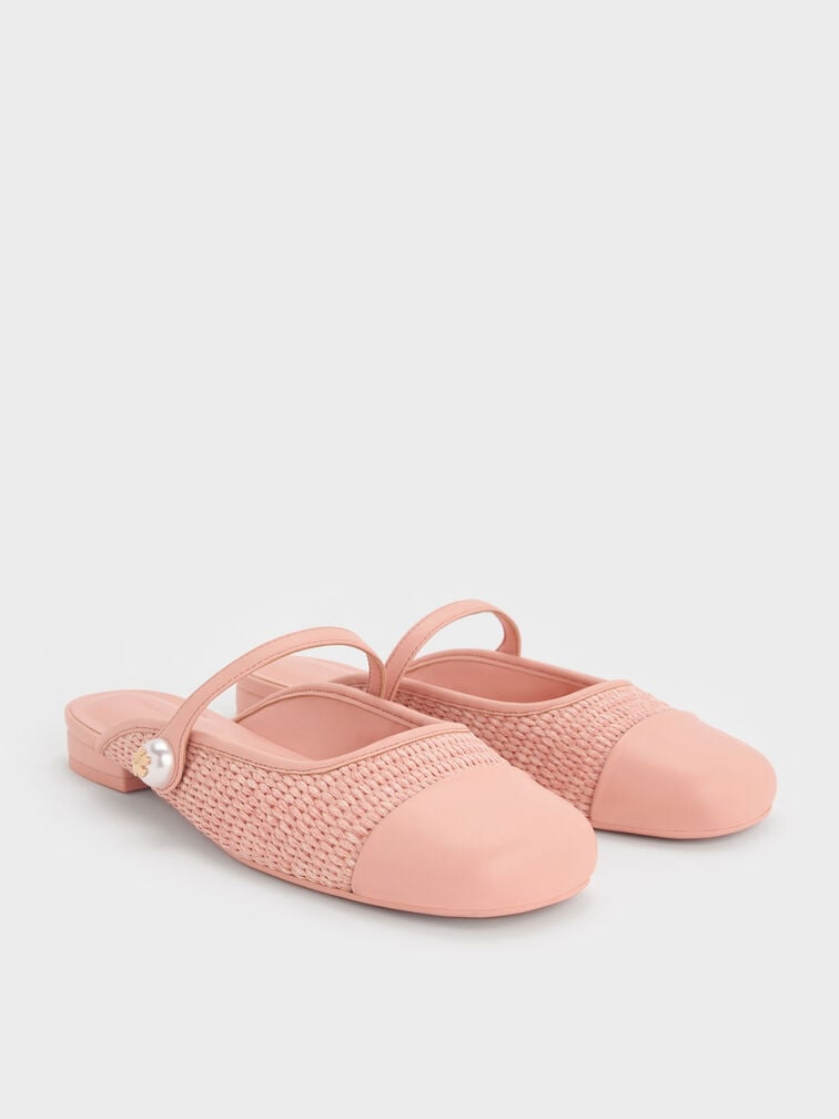 Aeryn Raffia Pearl-Embellished Slip-On Mary Janes, Peach, hi-res