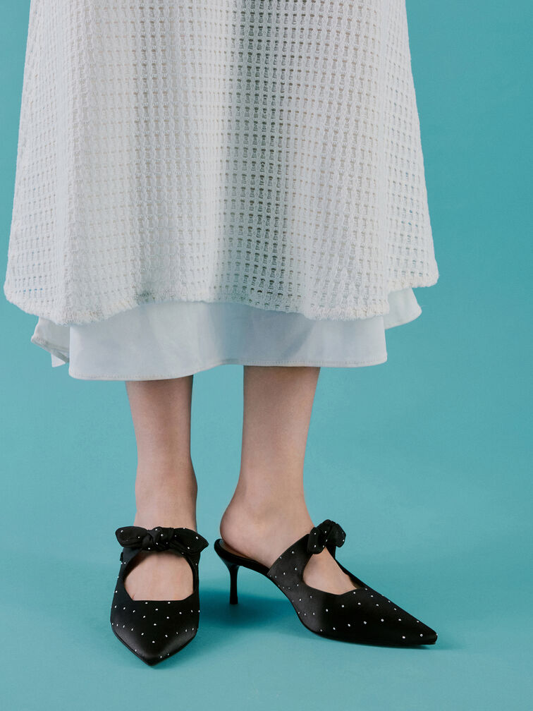 Jayce Dotted Knot-Bow Kitten-Heel Mules, Black Textured, hi-res