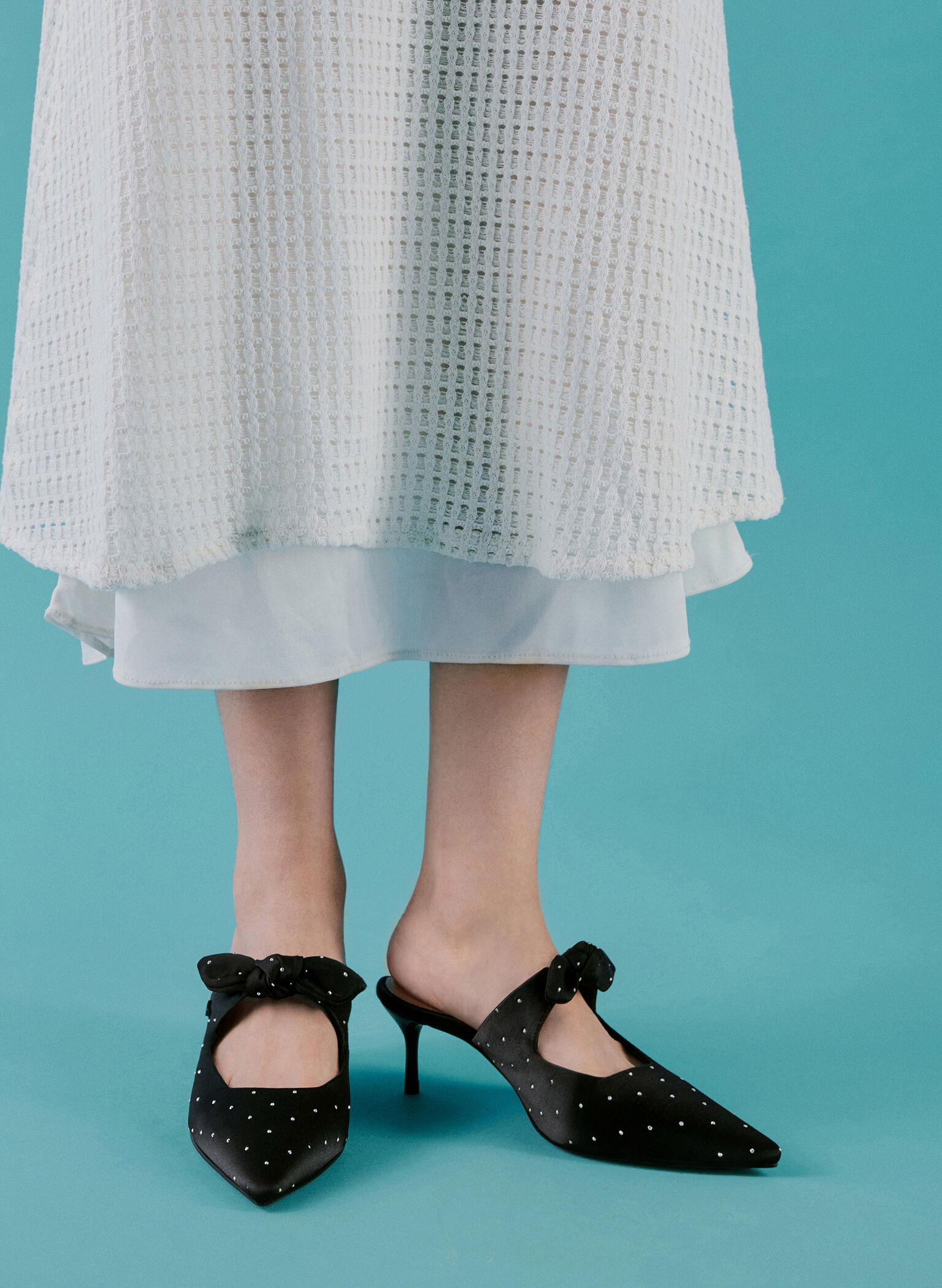 Jayce Dotted Knot-Bow Kitten-Heel Mules, Black Textured, hi-res