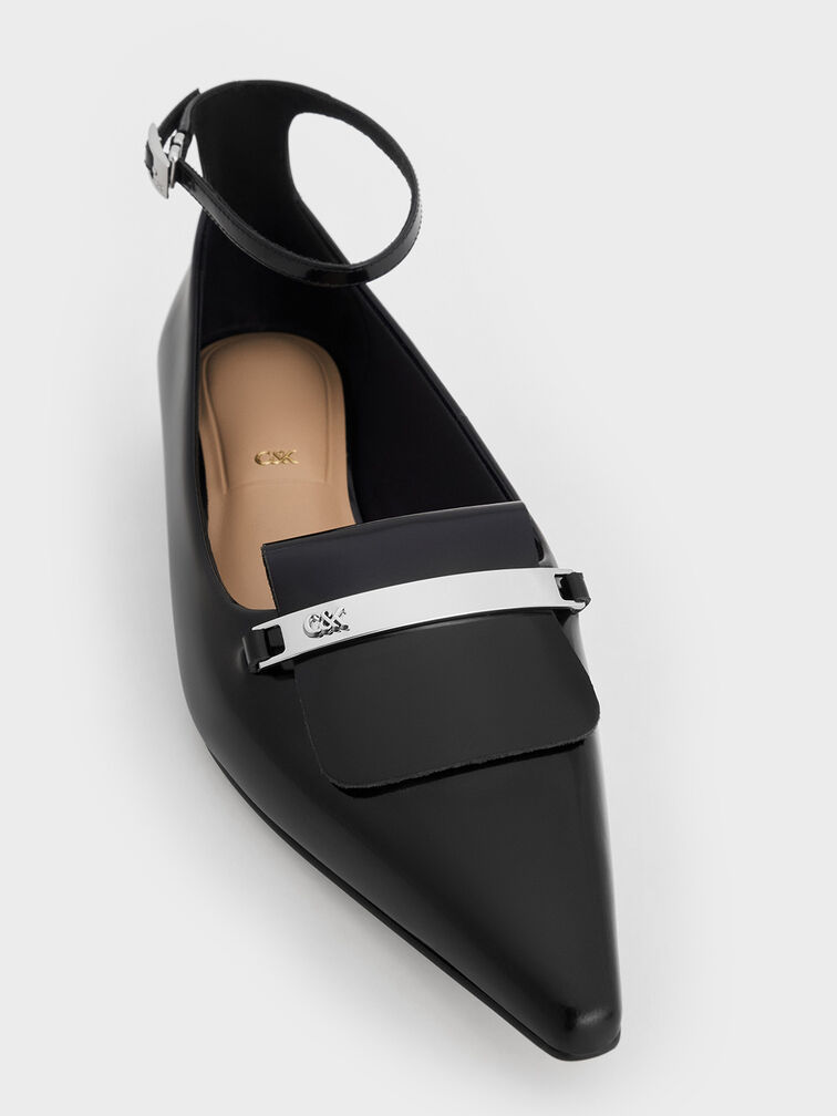 Leather Metallic-Accent Pointed-Toe Ankle-Strap Flats, Black Box, hi-res