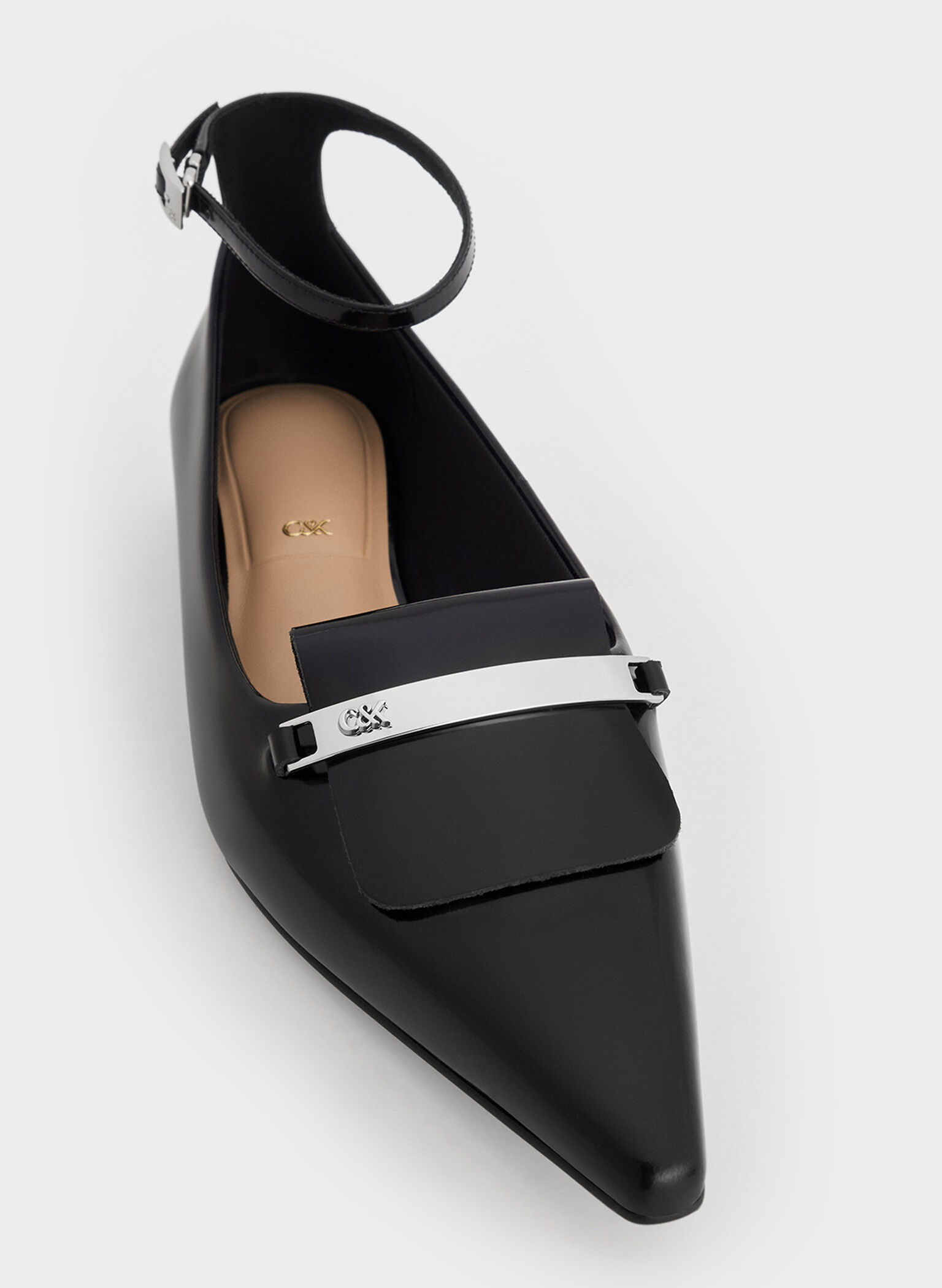 Leather Metallic-Accent Pointed-Toe Ankle-Strap Flats, Black Box, hi-res