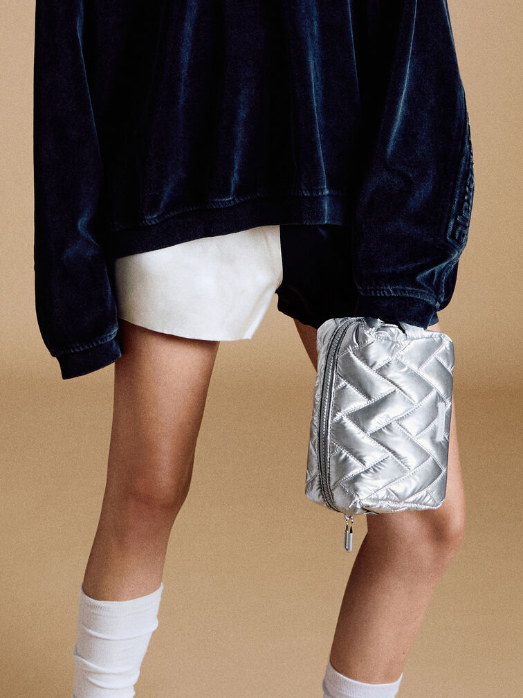 Nylon Chevron Pouch, Silver, hi-res