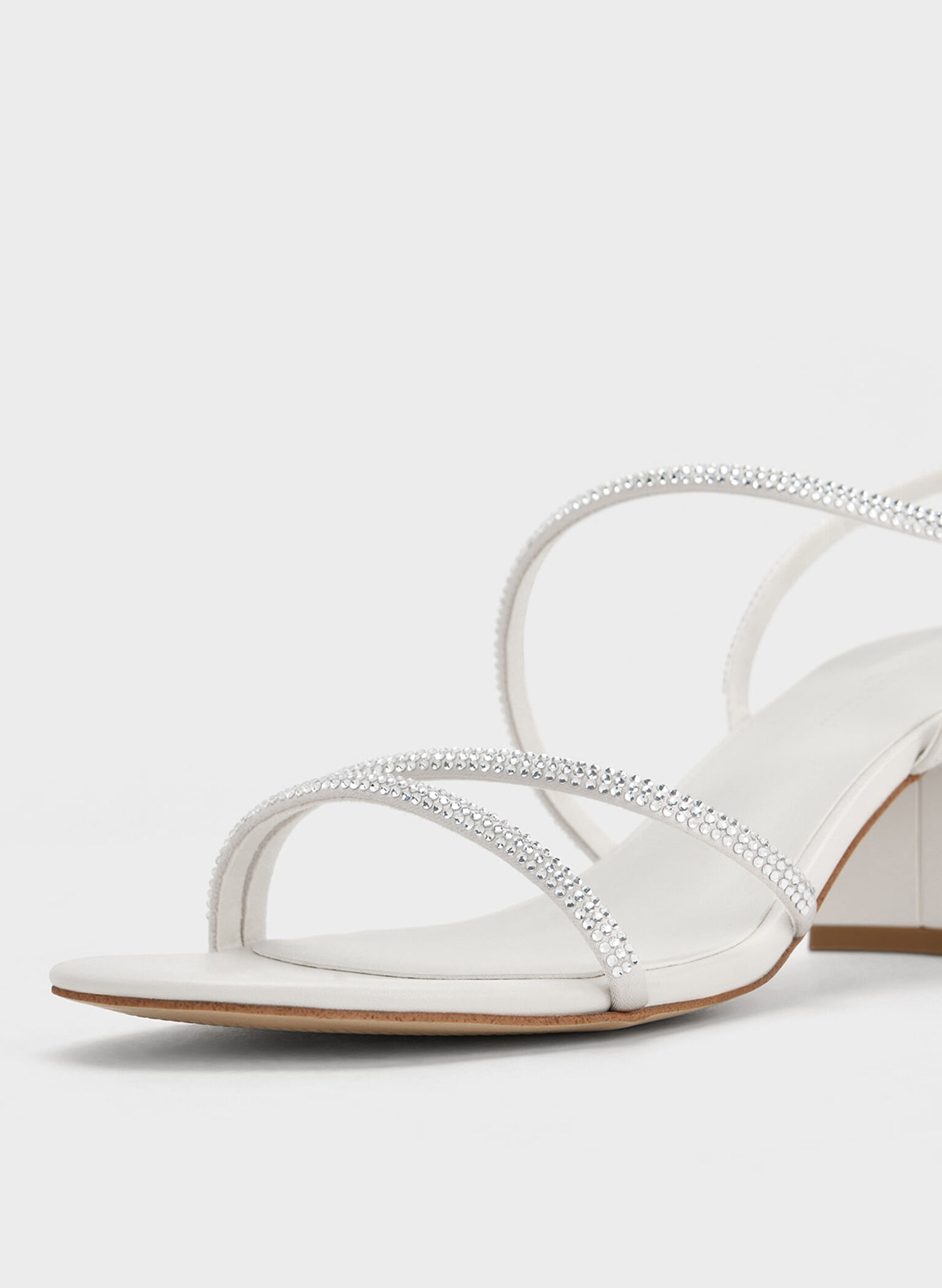 Satin Crystal-Embellished Block-Heel Strappy Sandals, White, hi-res