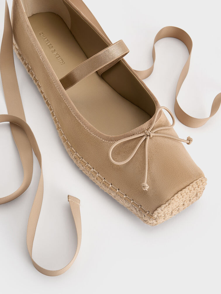 Faux Suede Bow Tie-Around Espadrille Ballet Flats, Sand, hi-res
