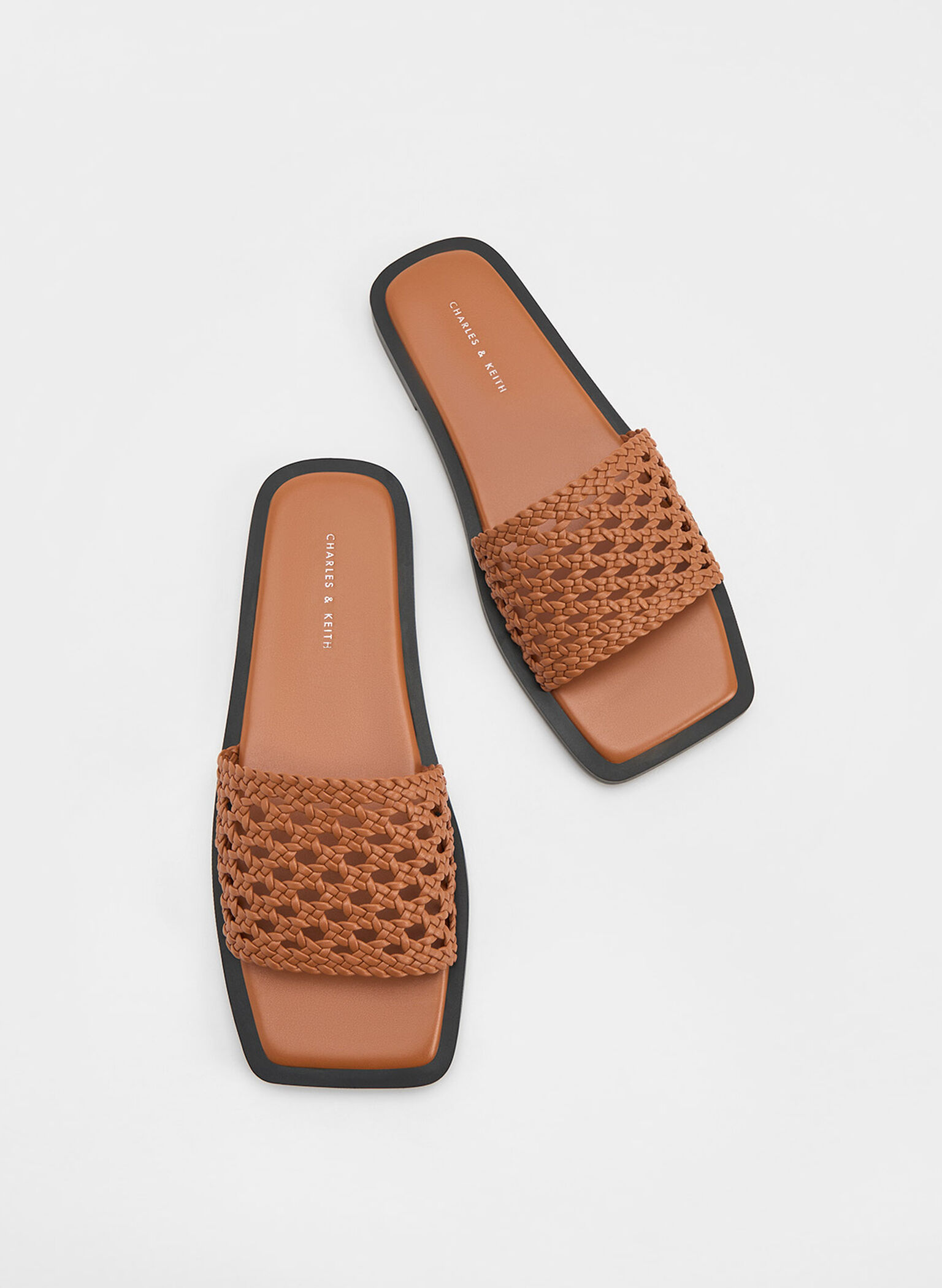 Woven Square-Toe Slides, Cognac, hi-res