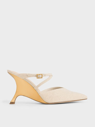 Linen Crossover-Strap Sculptural-Heel Wedges, Beige, hi-res