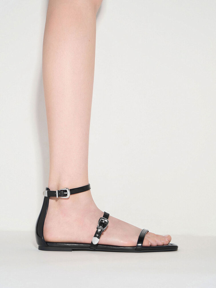 Square-Toe Buckled Triple-Strap Sandals, Black Box, hi-res