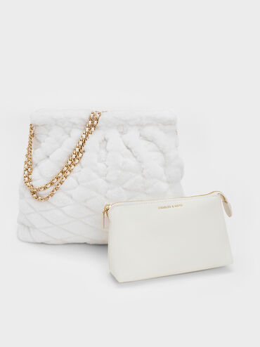Duo Furry Chain-Handle Hobo Bag, White, hi-res