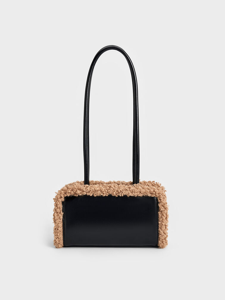 Fur-Trim Elongated-Handle Shoulder Bag, Camel, hi-res