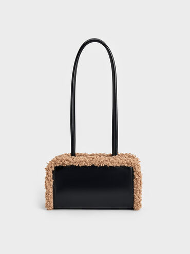 Fur-Trim Elongated-Handle Shoulder Bag, Camel, hi-res