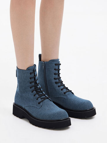Denim Lace-Up Ankle Boots, Blue, hi-res