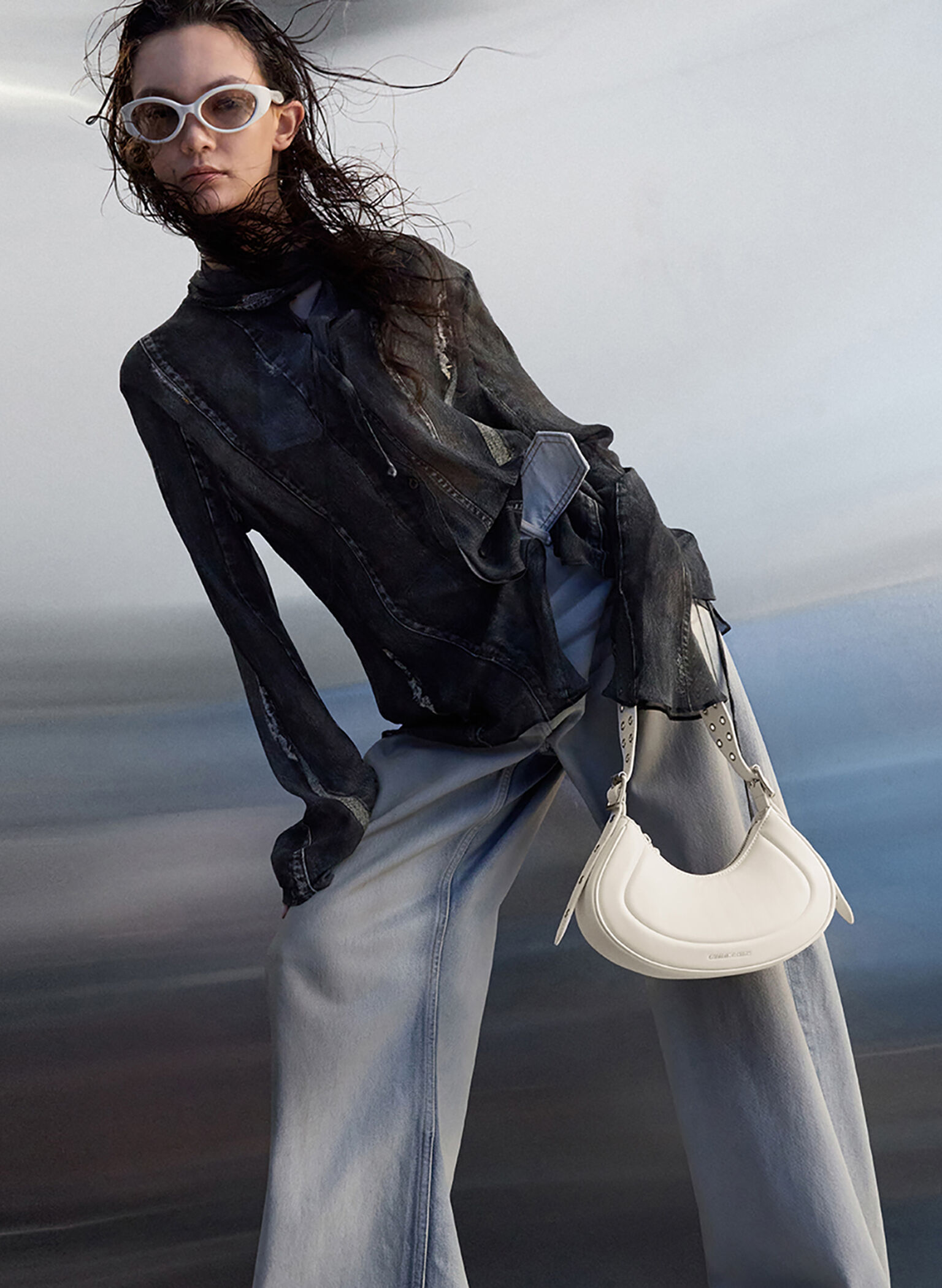 Petra Grommet-Strap Curved Shoulder Bag, Cream, hi-res