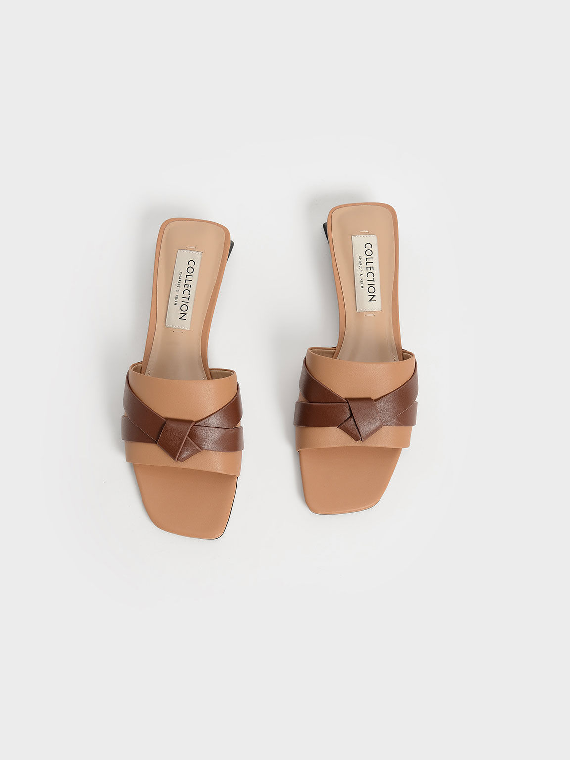 Leather Bow-Tie Trapeze Heel Mules, Caramel, hi-res