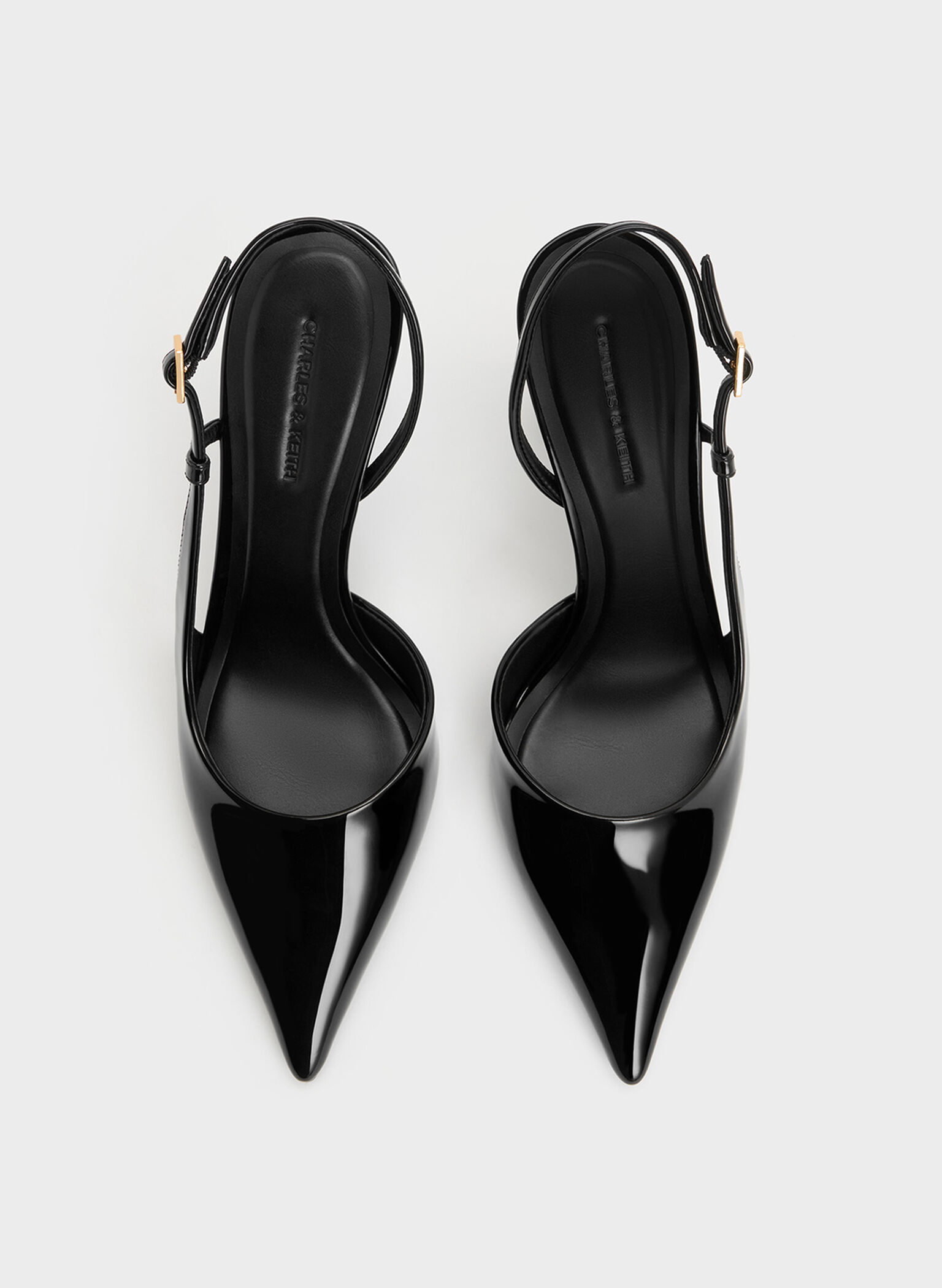 Patent Pointed-Toe Sculptural-Heel Slingback Pumps, Black Patent, hi-res