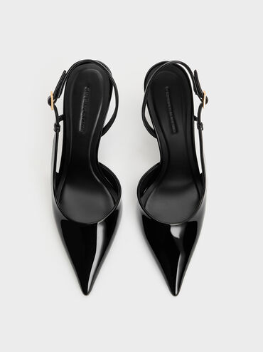Patent Pointed-Toe Sculptural-Heel Slingback Pumps, Black Patent, hi-res