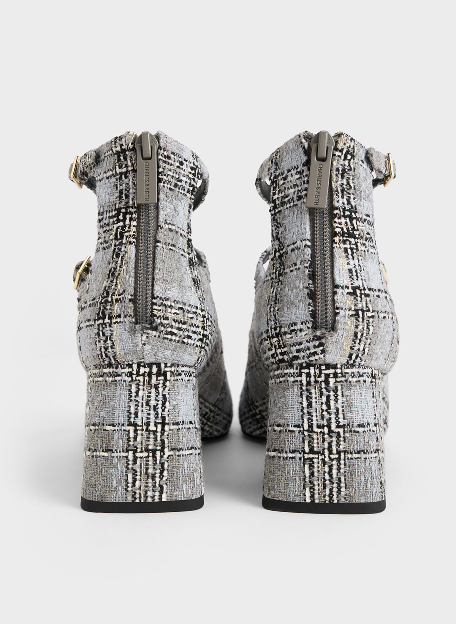 Tweed Triple-Strap Cap-Toe Mary Jane Pumps, Grey, hi-res
