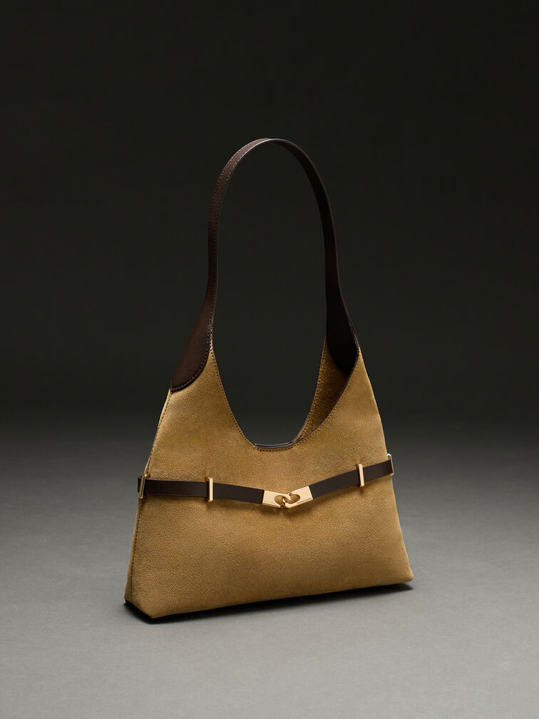 Arlet Recycled Suede Metallic-Accent Belted Hobo Bag, Sahara Sand, hi-res