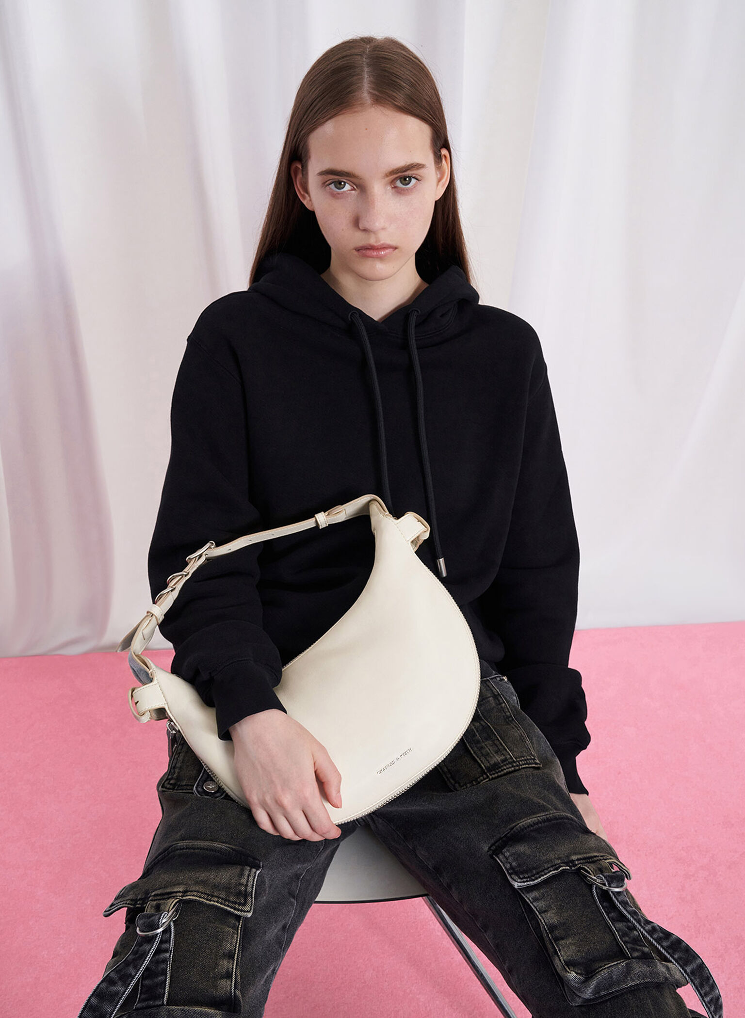 Saskia Crescent Hobo Bag, Cream, hi-res