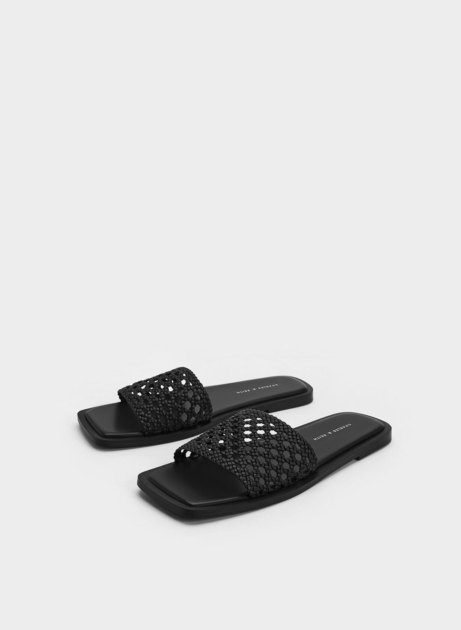Woven Square-Toe Slides, Black, hi-res