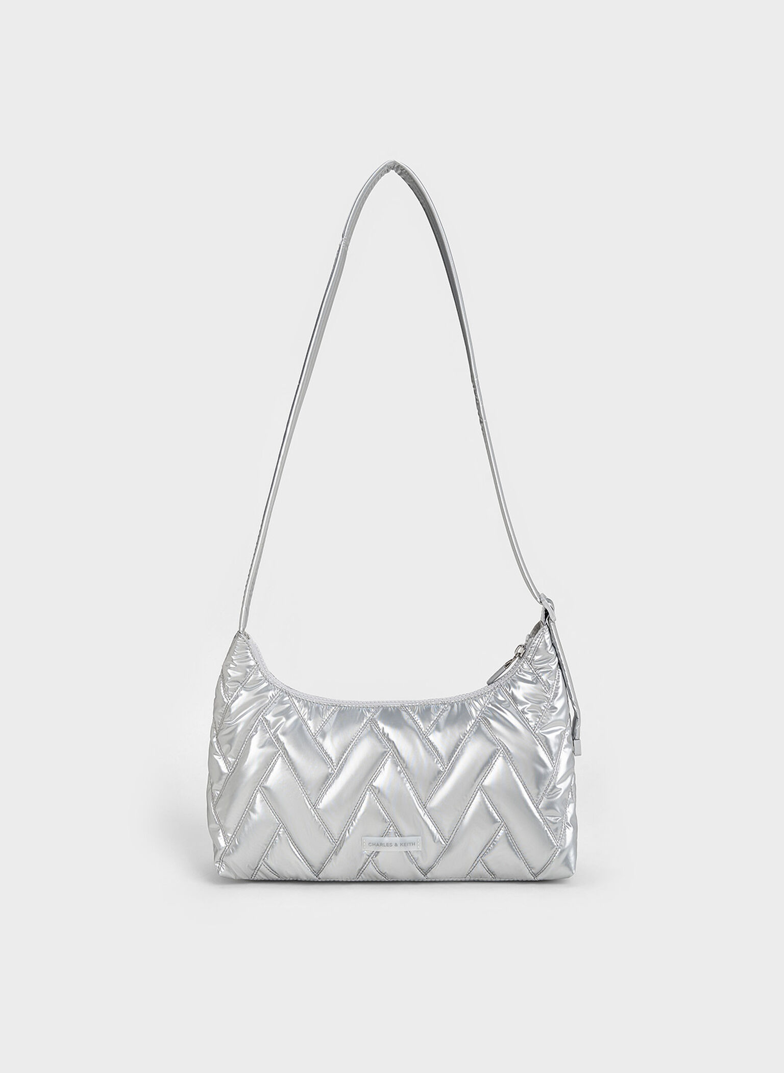 Nylon Chevron Shoulder Bag, Silver, hi-res