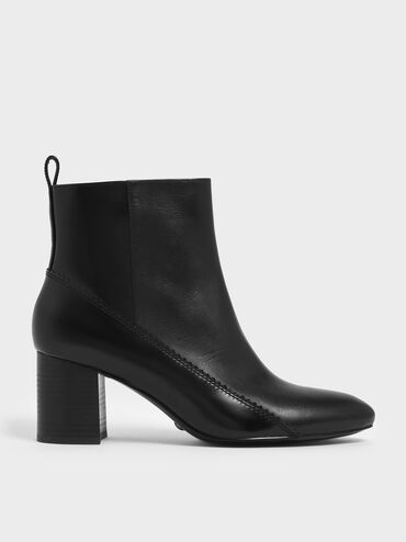 Zigzag Detail Zip-Up Leather Ankle Boots, Black, hi-res