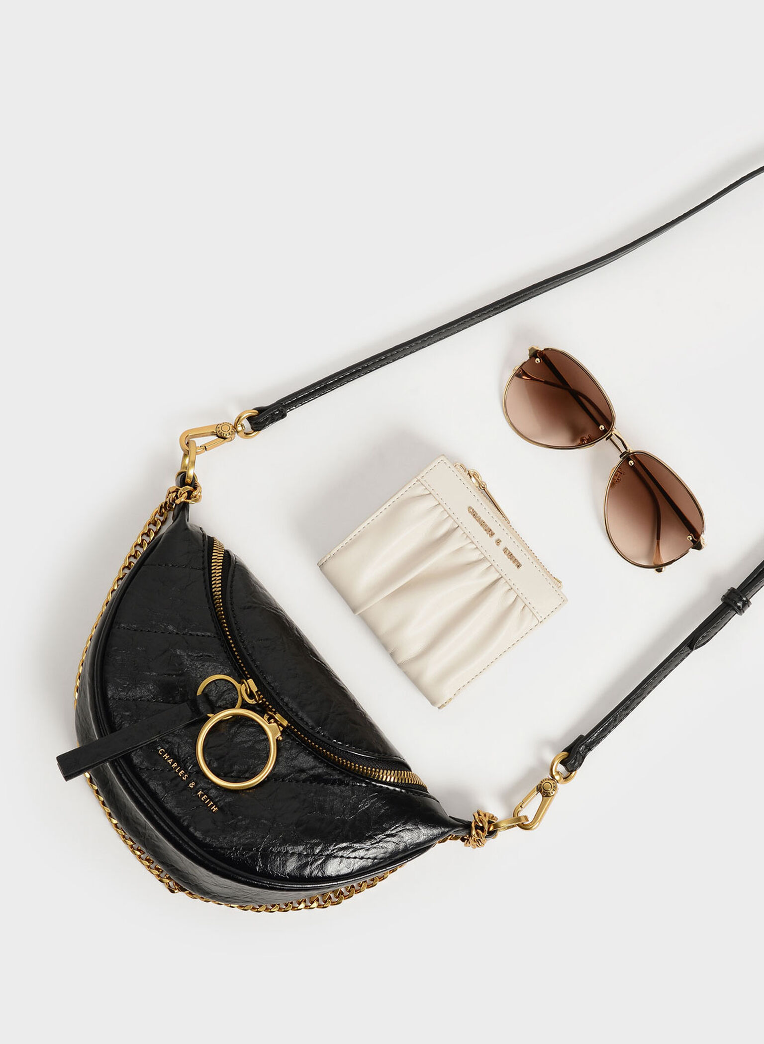 Philomena Wrinkled-Effect Half-Moon Crossbody Bag, Black, hi-res