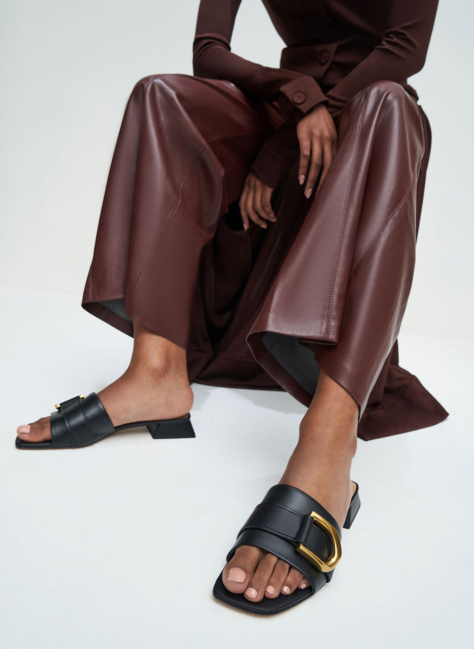 Gabine Buckled Leather Mules​, Black, hi-res