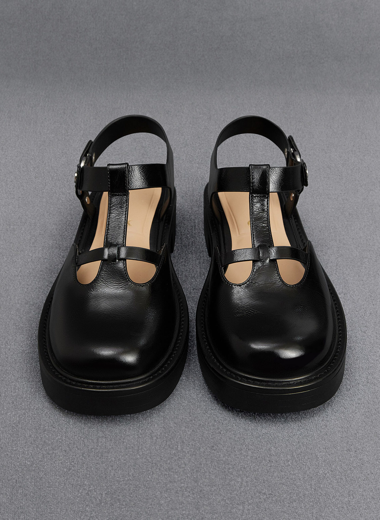 Leather Cut-Out T-Bar Mary Jane Flats, Black, hi-res