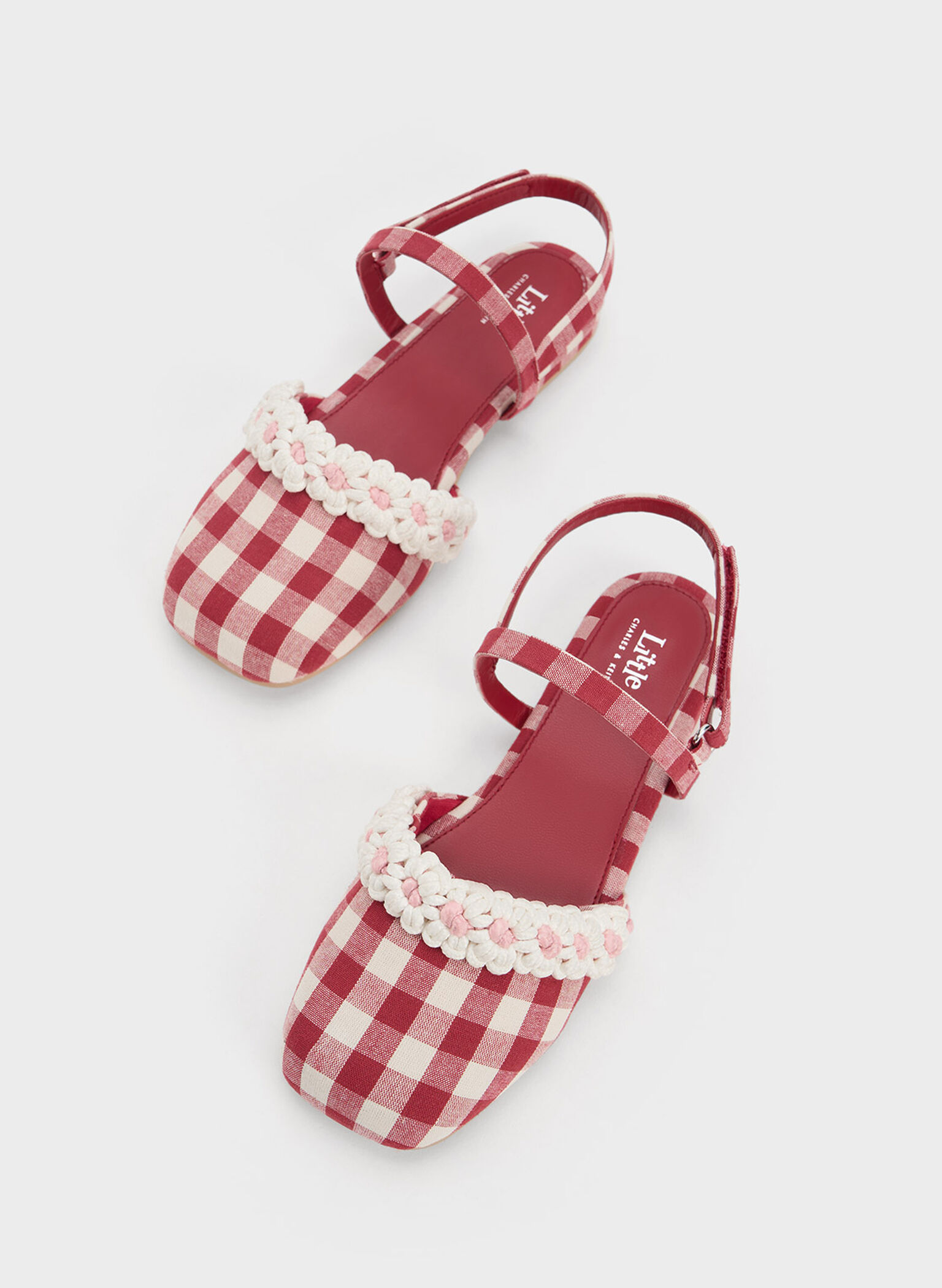Girls' Floral Crochet Checkered Slingback Flats, Red, hi-res