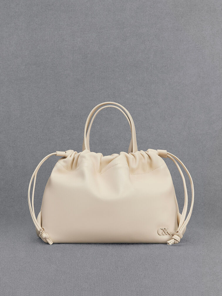 Leather Ruched Drawstring Bag, Chalk, hi-res
