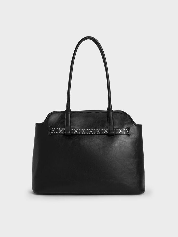 Victoria Studded Belted Trapeze Tote Bag, Noir, hi-res