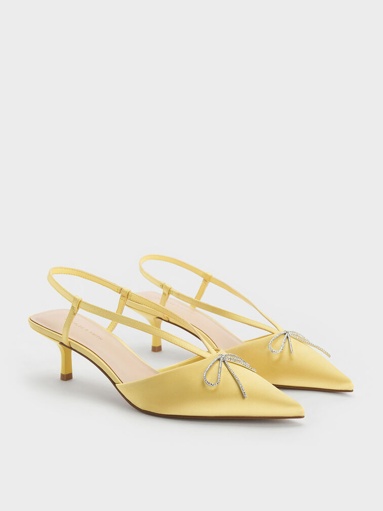 Recycled Polyester Crystal-Bow Kitten-Heel Slingback Pumps, Yellow, hi-res