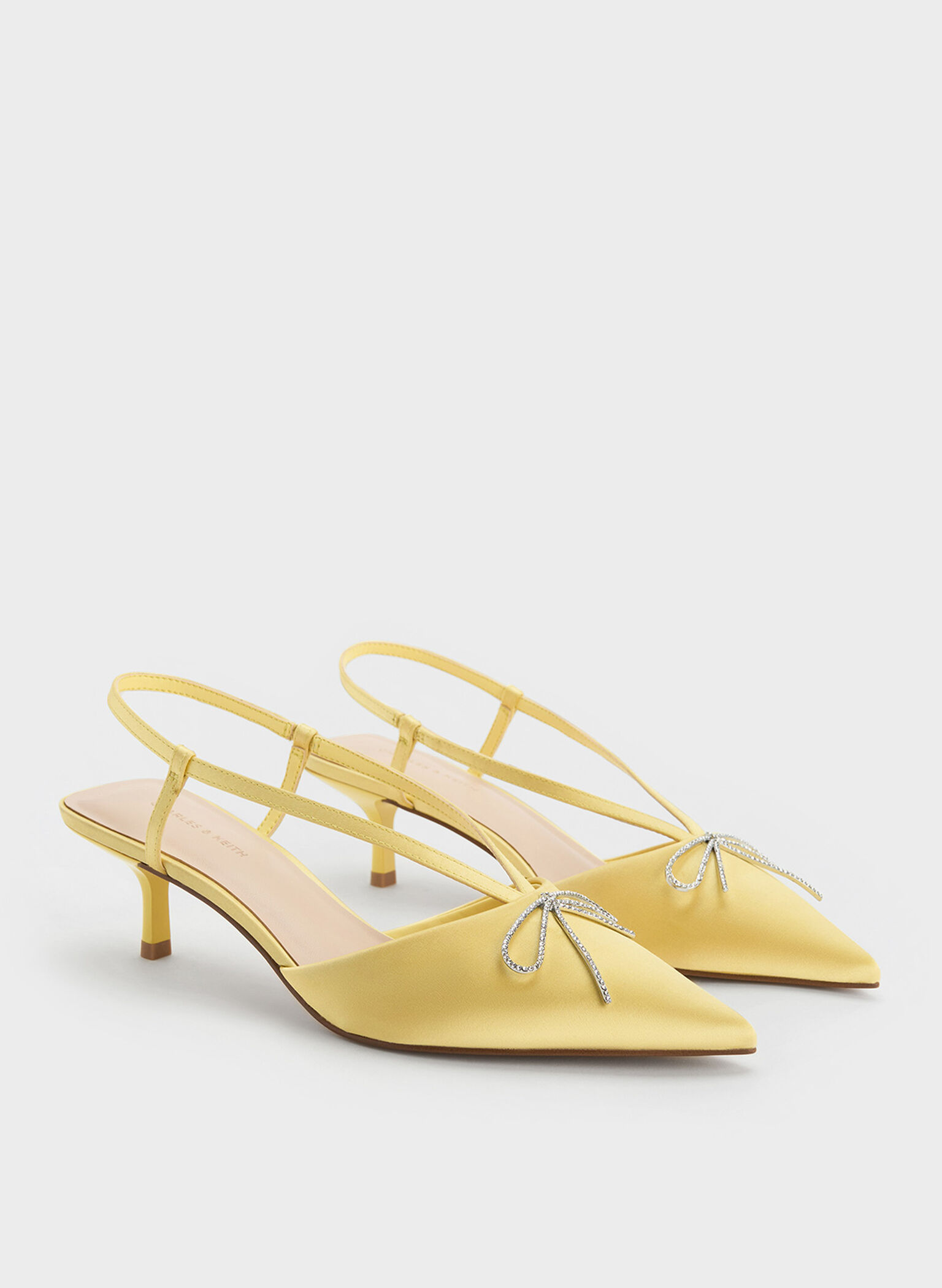 Recycled Polyester Crystal-Bow Kitten-Heel Slingback Pumps, Yellow, hi-res