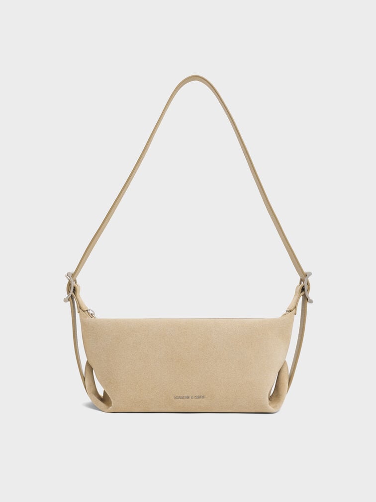 Gwynne Recycled Suede Buckle-Strap Slouchy Shoulder Bag, Nutmeg Beige, hi-res