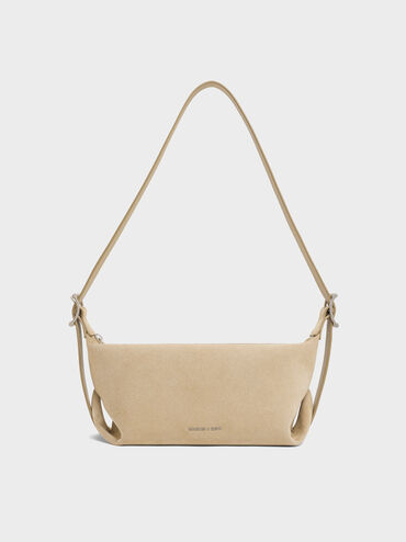 Gwynne Recycled Suede Buckle-Strap Slouchy Shoulder Bag, Nutmeg Beige, hi-res