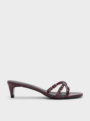 Patent Buckled Strappy Kitten-Heel Mules, Burgundy, hi-res