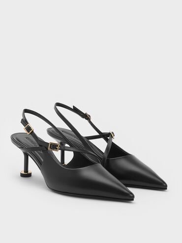 Buckled Sculptural-Heel Slingback Pumps, Black, hi-res