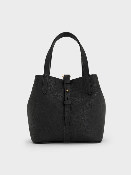 Beryl Recycled Leather Double-Handle Belted Bucket Bag, Black, hi-res