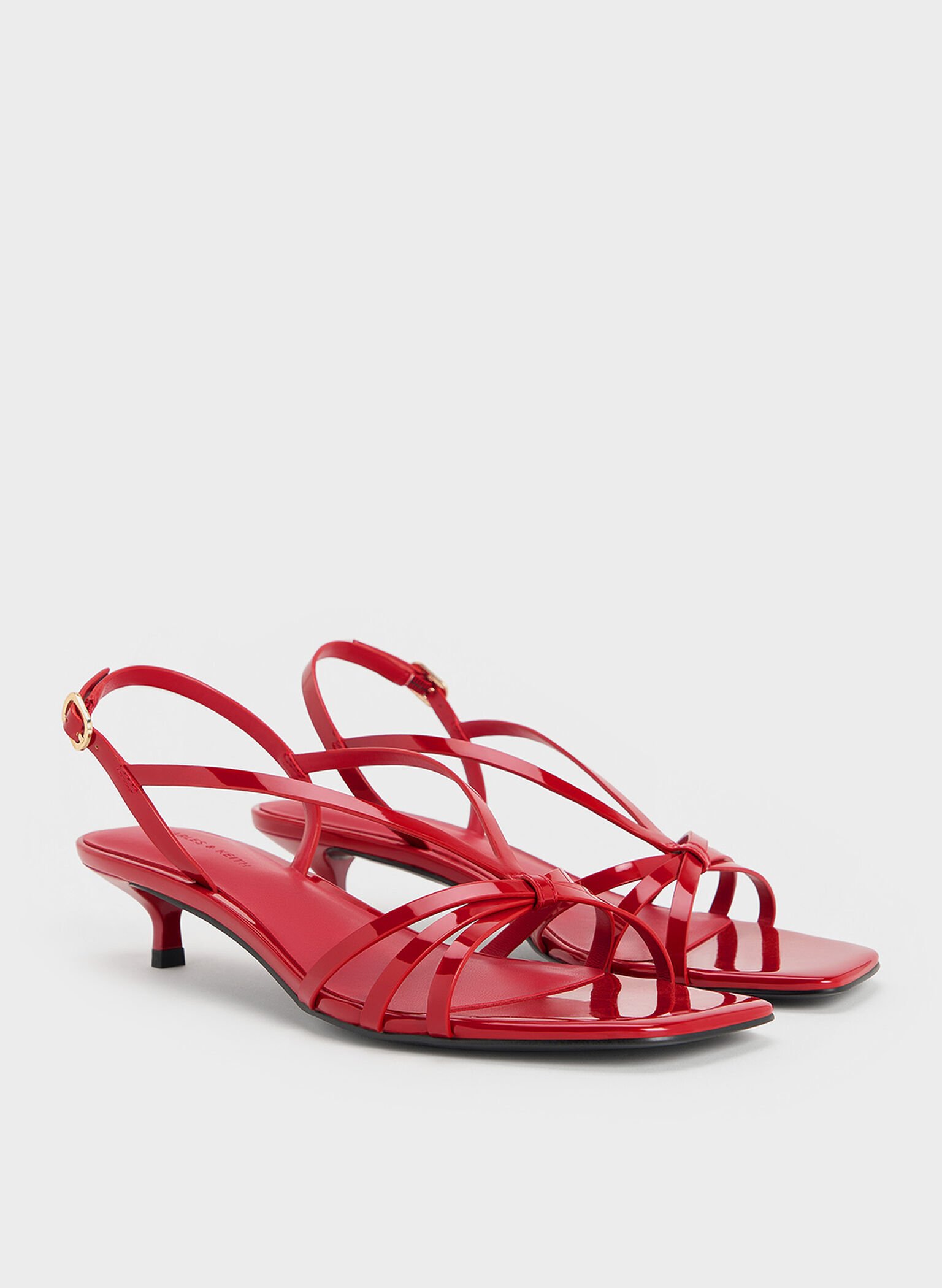 Patent Kitten-Heel Strappy Sandals, Red, hi-res