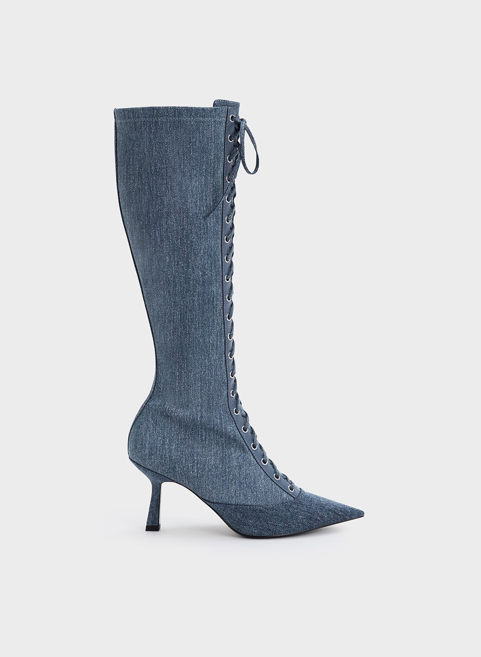 Denim Lace-Up Pointed-Toe Knee-High Boots, Denim Blue, hi-res