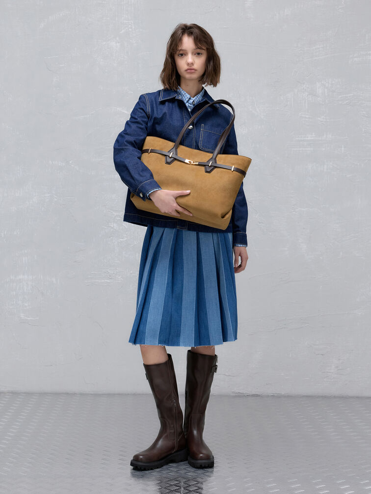 Arlet Recycled Suede Double-Handle Belted Tote Bag, Sahara Sand, hi-res