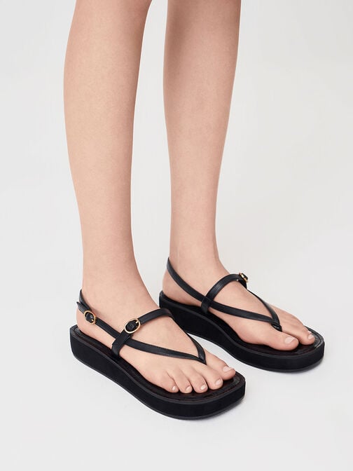 Textured Strappy Flatform Thong Sandals, Black Textured, hi-res