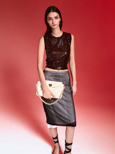Fawn Panelled Front Flap Chain-Handle Bag, Cream, hi-res
